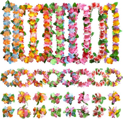 Aviski 64PCS Hawaiian Leis Party Decorations, Necklace Flowers Bracelets Headband, Tropical Hawaiian Party Night Bar Vacation in Kuwait