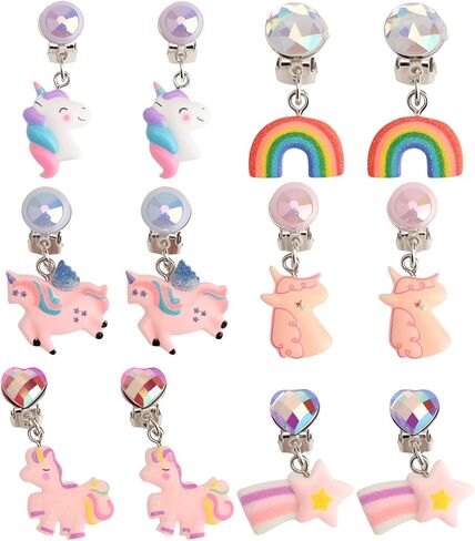 6 Pairs Clip On Earrings Non-Pierced for Dress Up Princess Non-Pierced Rainbow Cute Animal Colorful Party Favor in Saudi Arabia