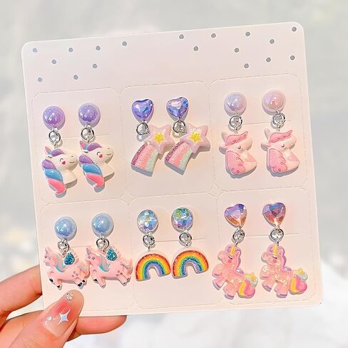 6 Pairs Clip On Earrings Non-Pierced for Dress Up Princess Non-Pierced Rainbow Cute Animal Colorful Party Favor in Saudi Arabia