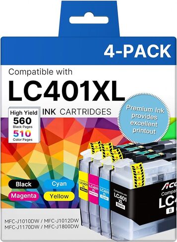خراطيش حبر LC401XL لطابعة Brother عالية الإنتاجية مكونة من 4 عبوات بديلة لخراطيش حبر Brother LC401 تعمل مع MFC-J1010DW MFC-J1170DW MFC-J1012DW MFC-J1800DW أسود سماوي أرجواني أصفر in Kuwait