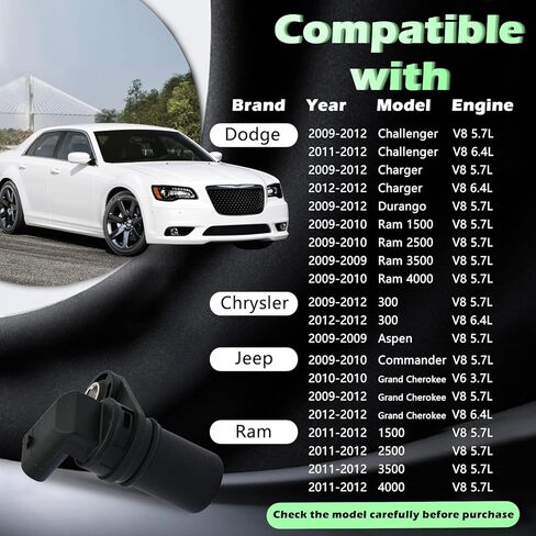 Engine Crank Crankshaft Position Sensor V6 V8 3.7L Compatible with Dodge for Jeep Grand Cherokee 300 Aspen Challenger Charger Commander Durango for Ram 1500 2500 3500 09-13 Replaces 5149230AA PC834 in Kuwait