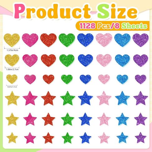 1128PCS Foam Stickers Glitter Foam Stickers for Kids Crafts, 8 Sheets Colorful Heart Star Shape Sparkly Self-Adhesive Sticker for DIY Decor Scrapbooking Gift Card Making Valentine's Day Party Supplies in Saudi Arabia