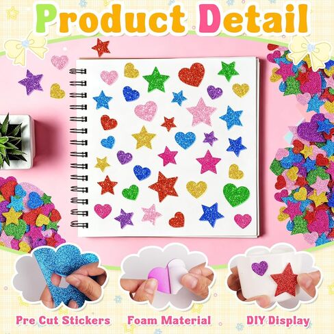 1128PCS Foam Stickers Glitter Foam Stickers for Kids Crafts, 8 Sheets Colorful Heart Star Shape Sparkly Self-Adhesive Sticker for DIY Decor Scrapbooking Gift Card Making Valentine's Day Party Supplies in Saudi Arabia