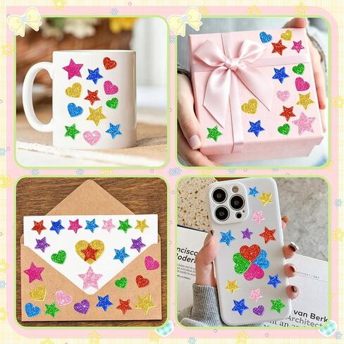 1128PCS Foam Stickers Glitter Foam Stickers for Kids Crafts, 8 Sheets Colorful Heart Star Shape Sparkly Self-Adhesive Sticker for DIY Decor Scrapbooking Gift Card Making Valentine's Day Party Supplies in Saudi Arabia