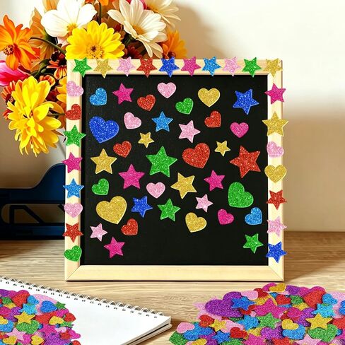 1128PCS Foam Stickers Glitter Foam Stickers for Kids Crafts, 8 Sheets Colorful Heart Star Shape Sparkly Self-Adhesive Sticker for DIY Decor Scrapbooking Gift Card Making Valentine's Day Party Supplies in Saudi Arabia