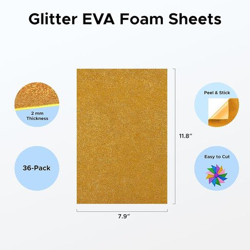 OMTech Self-Adhesive Glitter EVA Foam Sheets, 36 Pack 12 Assorted Colors 12 x 8 in Craft Foam Sheets, Peel & Stick Sparkle Foam Papers for DIY Crafts School Projects Decorations in Saudi Arabia