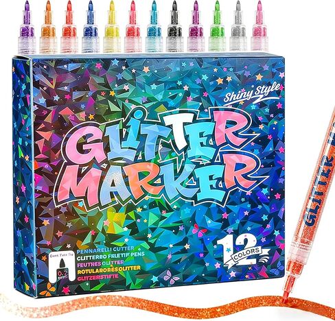 12 PCS Glitter Markers for Coloring, Ceramic,Wood, Rock Painting, Scrapbooking, Fabric, Writing, Card, DIY Crafts Coloring Books Metallic Sparkle Pen Glitter Colors Paint Pens Shimmer Markers in Saudi Arabia
