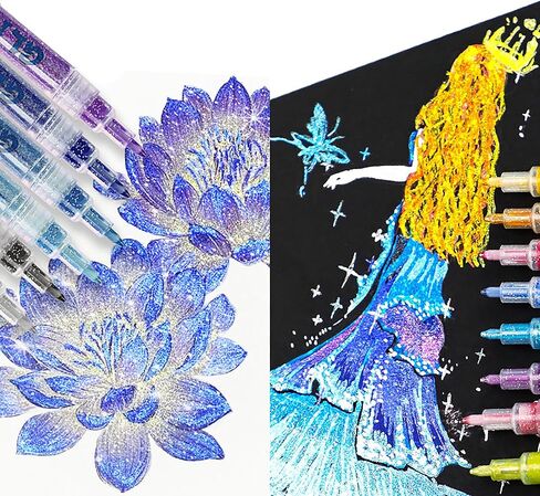 12 PCS Glitter Markers for Coloring, Ceramic,Wood, Rock Painting, Scrapbooking, Fabric, Writing, Card, DIY Crafts Coloring Books Metallic Sparkle Pen Glitter Colors Paint Pens Shimmer Markers in Saudi Arabia