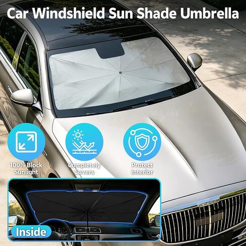 [2026 Upgrade] Windshield Sun Shade Umbrella, Foldable Car Front Window Sunshade with Titanium Coating, UV Rays Blocker & Heat Shield, Keep Vehicle Cool for Car SUV Truck RV Camper Sedan (51in x 31in) in Kuwait