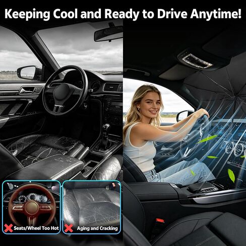 [2026 Upgrade] Windshield Sun Shade Umbrella, Foldable Car Front Window Sunshade with Titanium Coating, UV Rays Blocker & Heat Shield, Keep Vehicle Cool for Car SUV Truck RV Camper Sedan (51in x 31in) in Kuwait