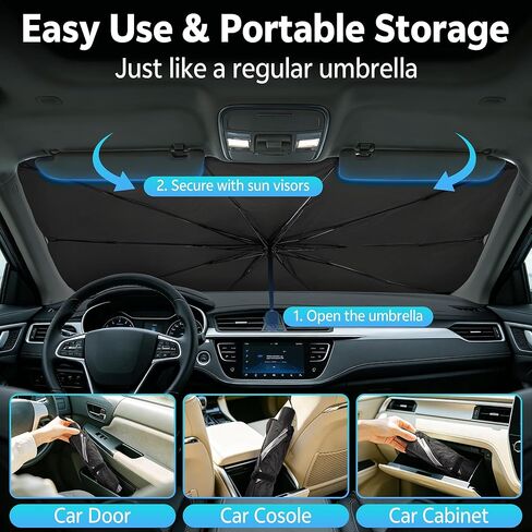 [2026 Upgrade] Windshield Sun Shade Umbrella, Foldable Car Front Window Sunshade with Titanium Coating, UV Rays Blocker & Heat Shield, Keep Vehicle Cool for Car SUV Truck RV Camper Sedan (51in x 31in) in Kuwait