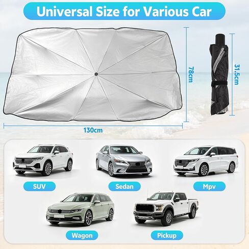 [2026 Upgrade] Windshield Sun Shade Umbrella, Foldable Car Front Window Sunshade with Titanium Coating, UV Rays Blocker & Heat Shield, Keep Vehicle Cool for Car SUV Truck RV Camper Sedan (51in x 31in) in Kuwait