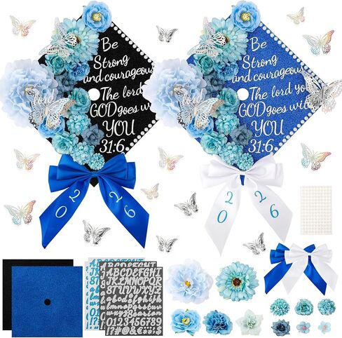 68 Pcs Red Black DIY Graduation Cap Decorations Accessory Kit 3D Artificial Flowers White Black Bows Butterfly Glitter Alphabet Number Pearl Stickers for DIY Hat Grad Cap Topper Graduation Party Decor in Saudi Arabia