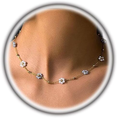 Daisy Pearl Necklace for Women Dainty 14K Gold Flower Choker Necklace Adjustable Pearl Floral Necklace Trendy Birthday Jewelry Accessories Gifts in Saudi Arabia