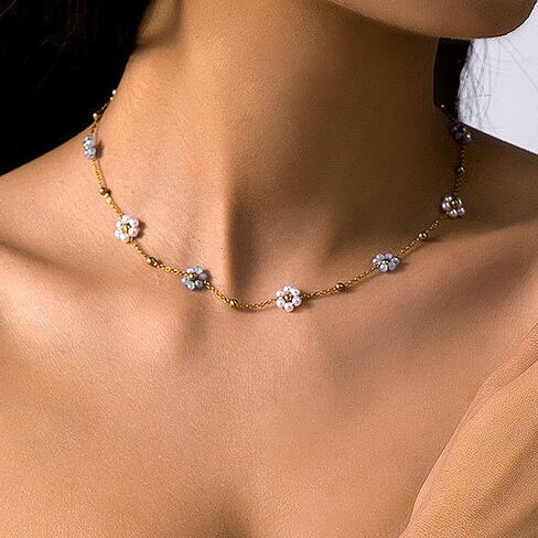 Daisy Pearl Necklace for Women Dainty 14K Gold Flower Choker Necklace Adjustable Pearl Floral Necklace Trendy Birthday Jewelry Accessories Gifts in Saudi Arabia