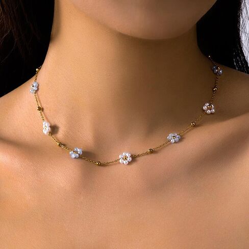Daisy Pearl Necklace for Women Dainty 14K Gold Flower Choker Necklace Adjustable Pearl Floral Necklace Trendy Birthday Jewelry Accessories Gifts in Saudi Arabia