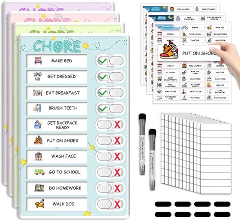Dry Erase 4 in 1 Chore Chart for Multiple Kids - Magnetic Routine Chart with Slider Cute Chore Stickers, Visual Schedule for Kid with Autism to Do List Checklist for Kids in Kuwait