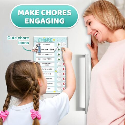 Dry Erase 4 in 1 Chore Chart for Multiple Kids - Magnetic Routine Chart with Slider Cute Chore Stickers, Visual Schedule for Kid with Autism to Do List Checklist for Kids in Kuwait