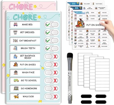 مخطط عمل روتيني 4 في 1 من Dry Erase لعدة أطفال - مخطط روتيني مغناطيسي مع ملصقات عمل لطيفة منزلق، جدول مرئي للأطفال المصابين بالتوحد للقيام بقائمة مرجعية للأطفال in Kuwait