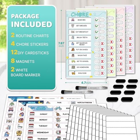 Dry Erase 4 in 1 Chore Chart for Multiple Kids - Magnetic Routine Chart with Slider Cute Chore Stickers, Visual Schedule for Kid with Autism to Do List Checklist for Kids in Kuwait