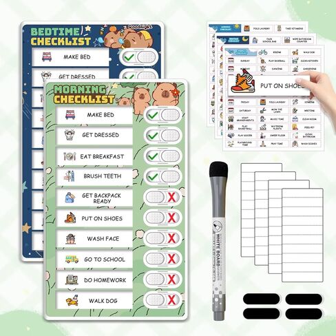 Dry Erase 4 in 1 Chore Chart for Multiple Kids - Magnetic Routine Chart with Slider Cute Chore Stickers, Visual Schedule for Kid with Autism to Do List Checklist for Kids in Kuwait
