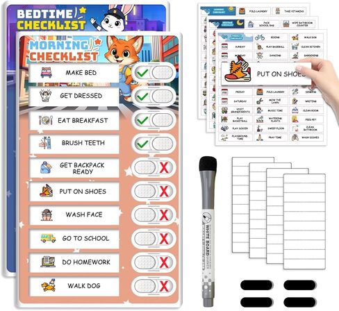 Dry Erase 4 in 1 Chore Chart for Multiple Kids - Magnetic Routine Chart with Slider Cute Chore Stickers, Visual Schedule for Kid with Autism to Do List Checklist for Kids in Kuwait