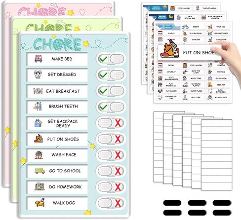 Dry Erase 4 in 1 Chore Chart for Multiple Kids - Magnetic Routine Chart with Slider Cute Chore Stickers, Visual Schedule for Kid with Autism to Do List Checklist for Kids in Kuwait