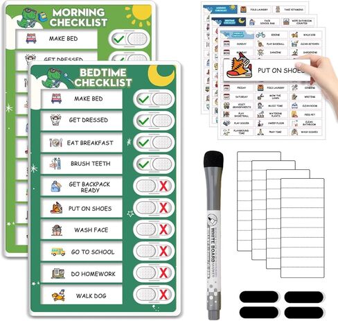 Dry Erase 4 in 1 Chore Chart for Multiple Kids - Magnetic Routine Chart with Slider Cute Chore Stickers, Visual Schedule for Kid with Autism to Do List Checklist for Kids in Kuwait