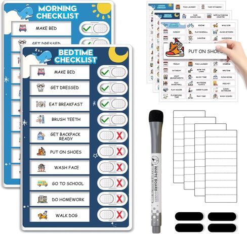 Dry Erase 4 in 1 Chore Chart for Multiple Kids - Magnetic Routine Chart with Slider Cute Chore Stickers, Visual Schedule for Kid with Autism to Do List Checklist for Kids in Kuwait