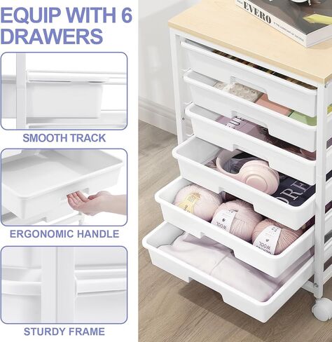 SYKIARIOL Rolling Cart with Drawers,Utility Cart with 6 Drawers,Rolling Storage Cart with Drawers and Wooden Tabletop & Lockable Wheel,White in Saudi Arabia