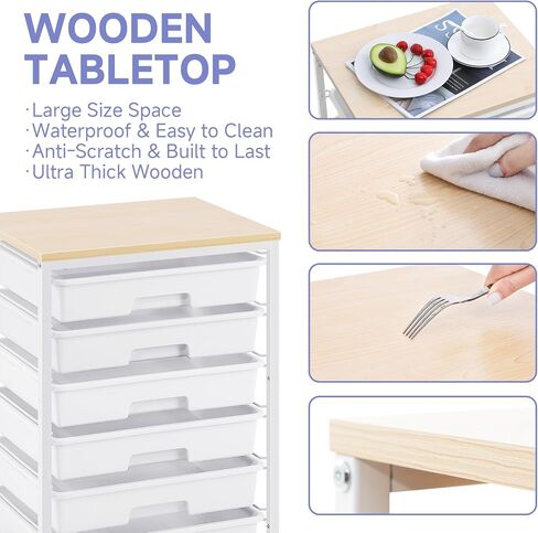 SYKIARIOL Rolling Cart with Drawers,Utility Cart with 6 Drawers,Rolling Storage Cart with Drawers and Wooden Tabletop & Lockable Wheel,White in Saudi Arabia