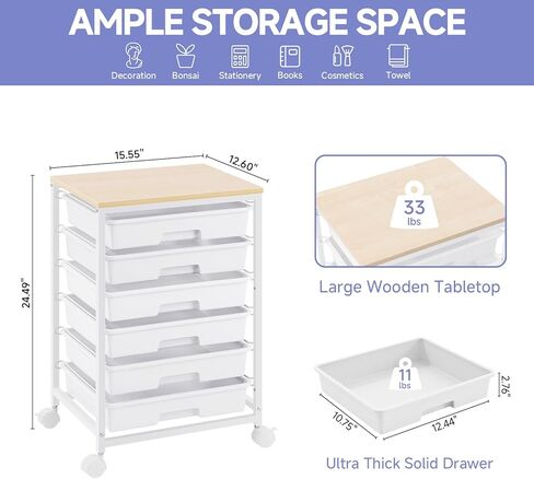 SYKIARIOL Rolling Cart with Drawers,Utility Cart with 6 Drawers,Rolling Storage Cart with Drawers and Wooden Tabletop & Lockable Wheel,White in Saudi Arabia