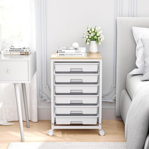 SYKIARIOL Rolling Cart with Drawers,Utility Cart with 6 Drawers,Rolling Storage Cart with Drawers and Wooden Tabletop & Lockable Wheel,White in Saudi Arabia
