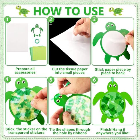 qyeahkj 36 مجموعة الصيف السلاحف suncatchers الحرف للبنين والبنات DIY الأخضر السلحفاة نافذة المناديل الورقية الحرف الصيف شنقا ديكور للفصل الدراسي النشاط المنزلي مشروع فني عيد ميلاد حزب لصالح الهدايا in Kuwait