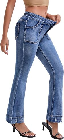 ZMTUO Women's Bootcut Jeans High Waist Stretch Denim Pants with Double Button, Distressed Hem Lifting Design in Saudi Arabia