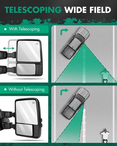 SCITOO Towing Mirrors Tow Mirrors Black Truck fit for 2004-2014 For Ford For F-150 Pickup Truck with Pair LH RH Power Adjusted Heated Turn Signal Puddle Light Manual Folding and Telescoping in Kuwait