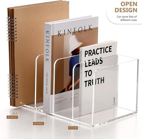 SANRUI Acrylic Desk Magazine File Holder, Clear Desk Organizer with 4 Vertical Compartments, Workspace Document Sorter for Documents, Tablet, Magazines, Books & Accessories in Kuwait