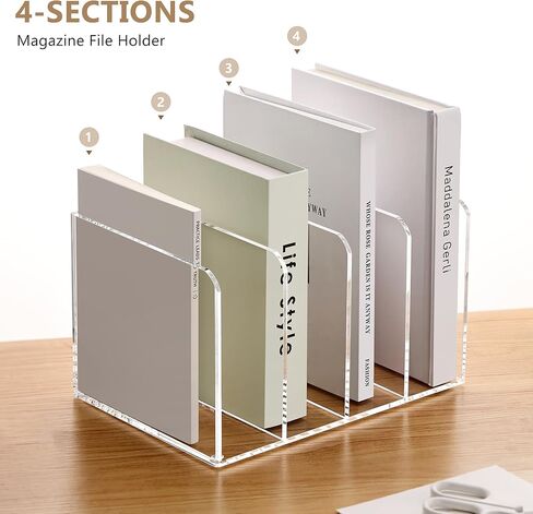 SANRUI Acrylic Desk Magazine File Holder, Clear Desk Organizer with 4 Vertical Compartments, Workspace Document Sorter for Documents, Tablet, Magazines, Books & Accessories in Kuwait