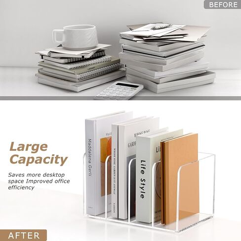 SANRUI Acrylic Desk Magazine File Holder, Clear Desk Organizer with 4 Vertical Compartments, Workspace Document Sorter for Documents, Tablet, Magazines, Books & Accessories in Kuwait