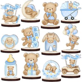 12 Pcs Wooden Baby Shower Centerpieces for Tables - Secure Fit Bear Table Decorations for Gender Reveal - Double Sided Blue Bear Table Toppers for Birthday Party Decor, Photo Props in Saudi Arabia