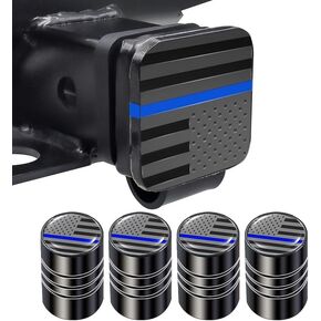Thin Blue Line American Flag Trailer Hitch Cover (1-Pack) & 4-Pack Valve Stem Caps – Durable Protector for Cars, SUVs, Pickup Trucks, Honors Police and Law Enforcement in Saudi Arabia