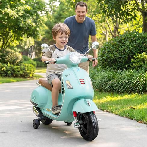 Licensed Vespa Scooter Kids Motorcycle by OLAKIDS, 12V Ride on Electric Motorcycle with Training Wheels LED Lights Music Story Mode Horn (Green) in Kuwait