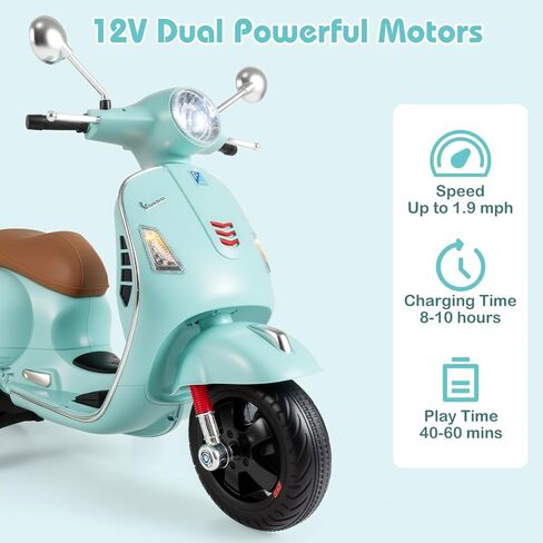 Licensed Vespa Scooter Kids Motorcycle by OLAKIDS, 12V Ride on Electric Motorcycle with Training Wheels LED Lights Music Story Mode Horn (Green) in Kuwait