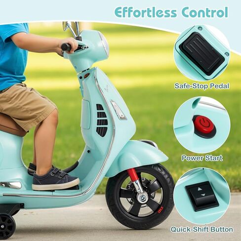 Licensed Vespa Scooter Kids Motorcycle by OLAKIDS, 12V Ride on Electric Motorcycle with Training Wheels LED Lights Music Story Mode Horn (Green) in Kuwait