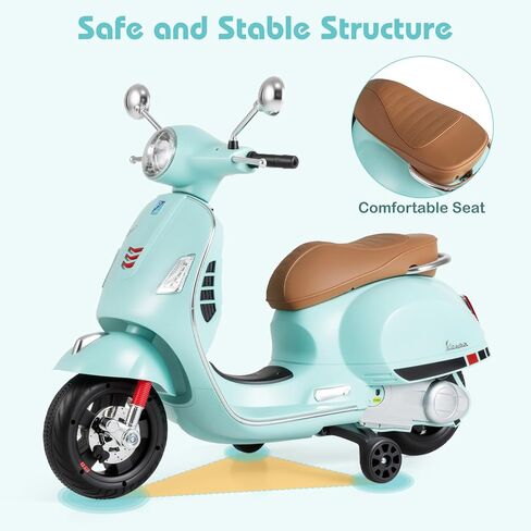 Licensed Vespa Scooter Kids Motorcycle by OLAKIDS, 12V Ride on Electric Motorcycle with Training Wheels LED Lights Music Story Mode Horn (Green) in Kuwait