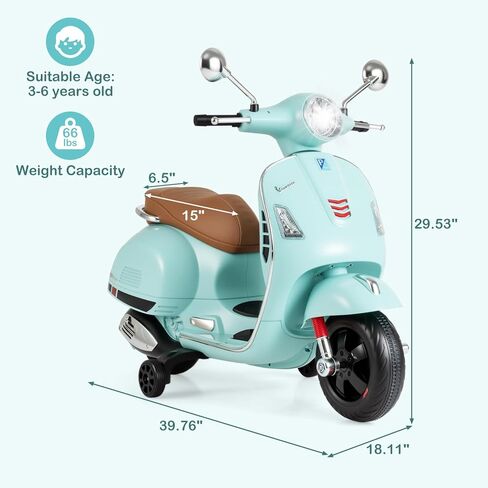 Licensed Vespa Scooter Kids Motorcycle by OLAKIDS, 12V Ride on Electric Motorcycle with Training Wheels LED Lights Music Story Mode Horn (Green) in Kuwait