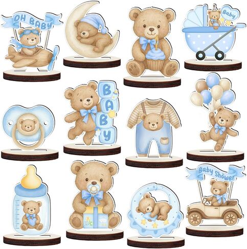 12 Pcs Wooden Baby Shower Centerpieces for Tables - Secure Fit Bear Table Decorations for Gender Reveal - Double Sided Blue Bear Table Toppers for Birthday Party Decor, Photo Props in Saudi Arabia