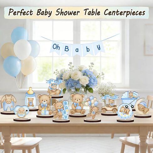 12 Pcs Wooden Baby Shower Centerpieces for Tables - Secure Fit Bear Table Decorations for Gender Reveal - Double Sided Blue Bear Table Toppers for Birthday Party Decor, Photo Props in Saudi Arabia