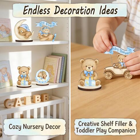 12 Pcs Wooden Baby Shower Centerpieces for Tables - Secure Fit Bear Table Decorations for Gender Reveal - Double Sided Blue Bear Table Toppers for Birthday Party Decor, Photo Props in Saudi Arabia