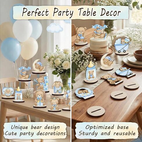 12 Pcs Wooden Baby Shower Centerpieces for Tables - Secure Fit Bear Table Decorations for Gender Reveal - Double Sided Blue Bear Table Toppers for Birthday Party Decor, Photo Props in Saudi Arabia